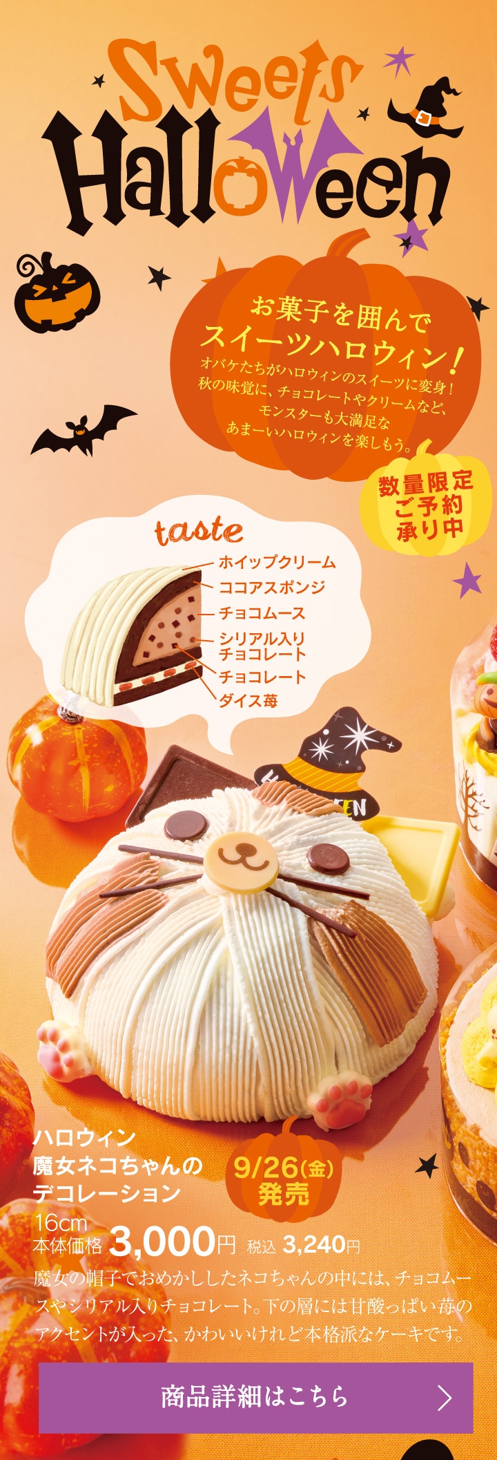 Sweets Halloween!お菓子を囲んでスイーツハロウィン！ハロウィン魔女ネコちゃんのデコレーション16cm本体価格3000円税込3240円
