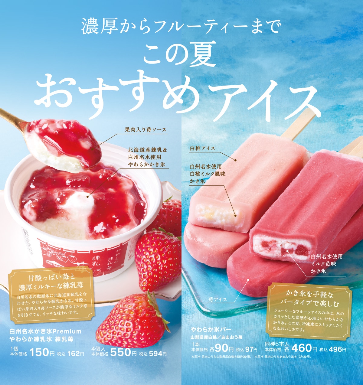 濃厚からフルーティーまで、この夏おすすめアイス。白州名水かき氷Premiumやわらか練乳氷 練乳苺、やわらか氷バー山梨県産白桃／あまおう苺