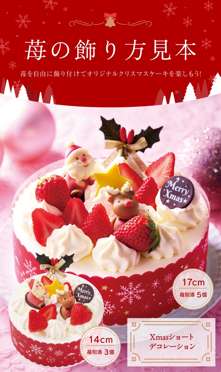 苺の飾り方見本。苺を自由に飾りつけてオリジナルクリスマスケーキを楽しもう！Xmasショートデコレーション