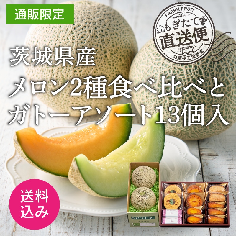 【通販】茨城県産メロン2種食べ比べとガトーアソート13個入(送料込み)